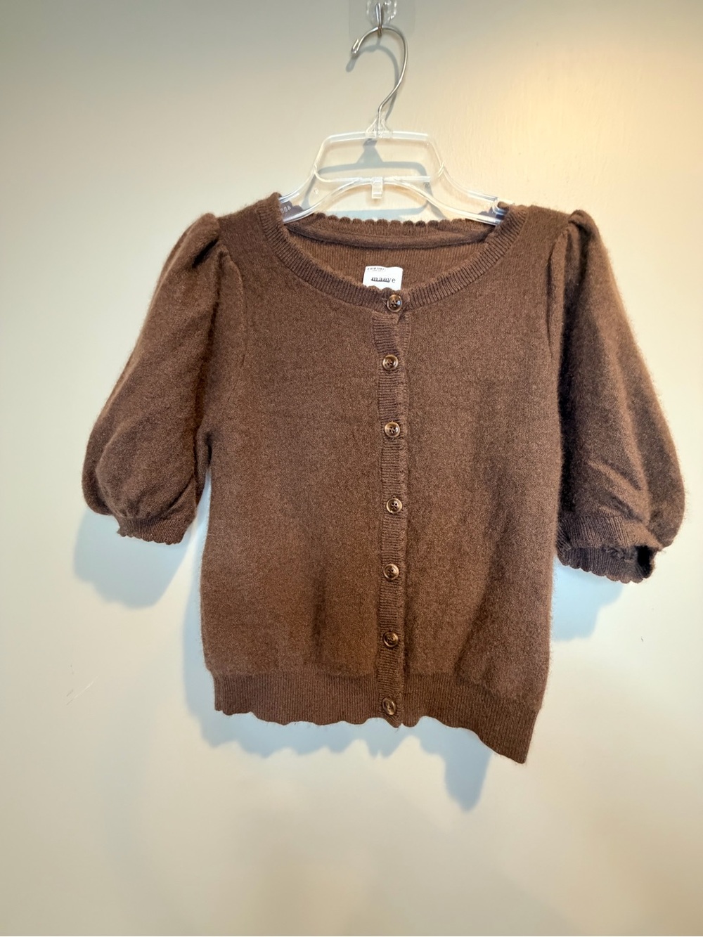Maeve Cashmere Brown Puff-Sleeve Button Cardigan